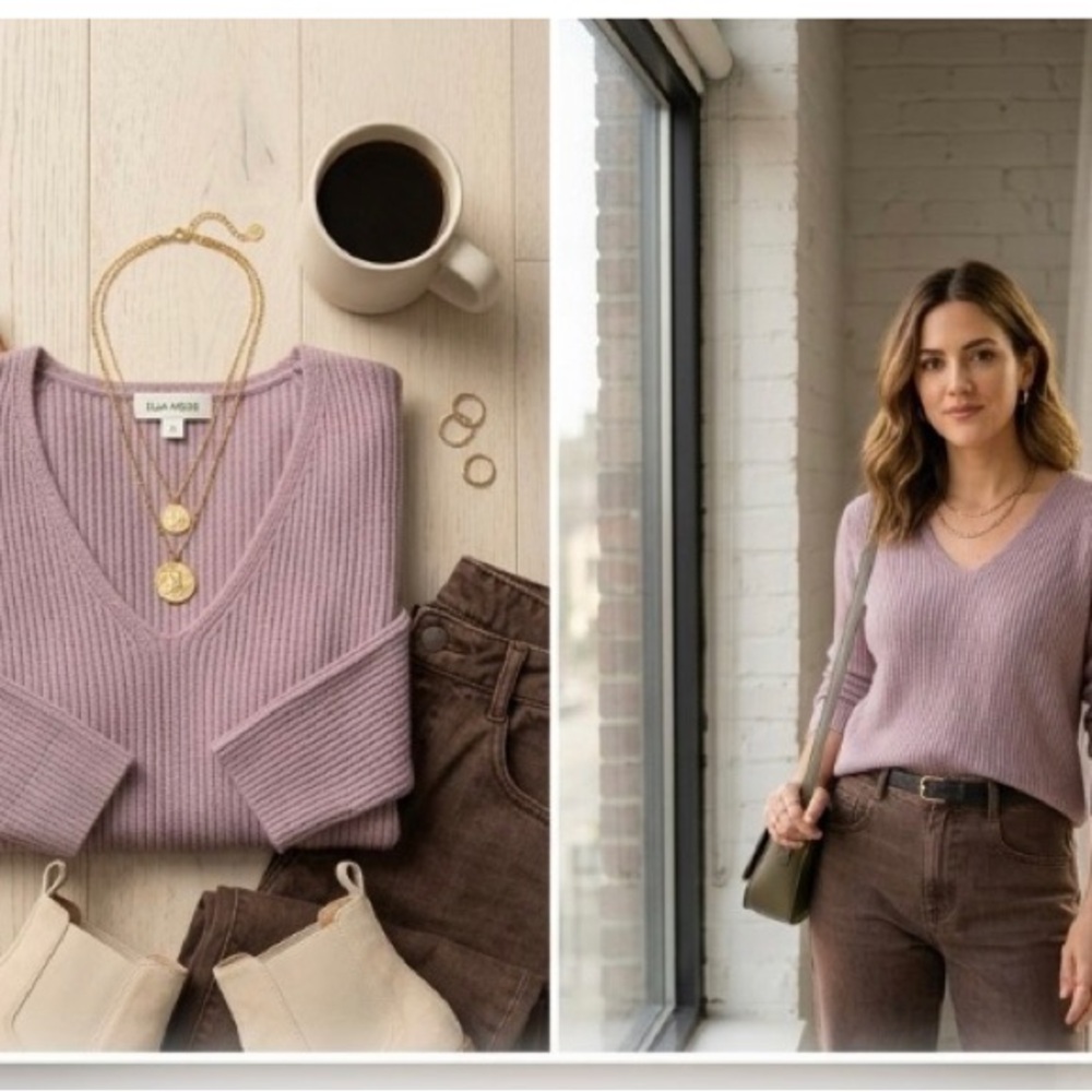 NWT Ella Moss Mauve Dusty Rose Soft Ribbed V-Neck Sweater
